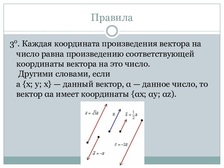 Правила30. Каждая координата произведения вектора на число равна произведению соответствующей координаты вектора