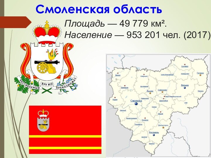 Смоленская областьПлощадь — 49 779 км². Население — 953 201 чел. (2017)