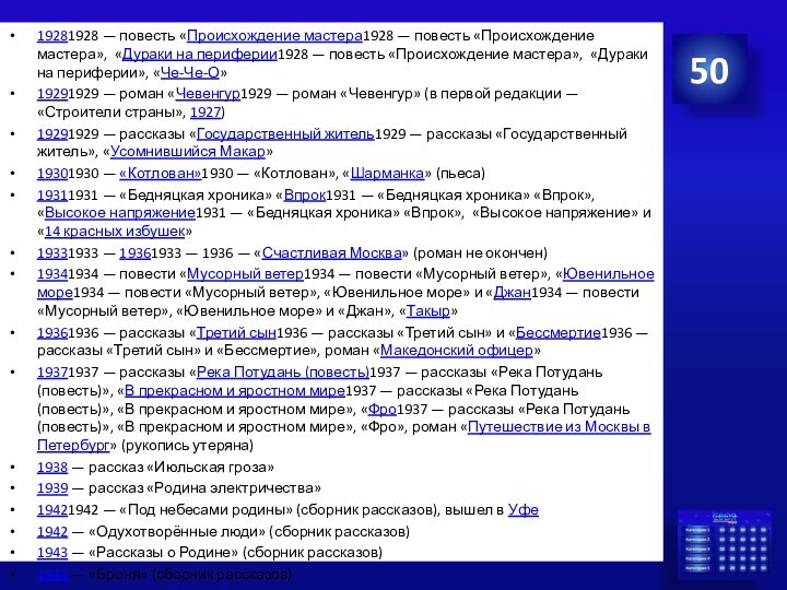 Центрально-чернозёмный район5019281928 — повесть «Происхождение мастера1928 — повесть «Происхождение мастера», «Дураки на периферии1928 — повесть