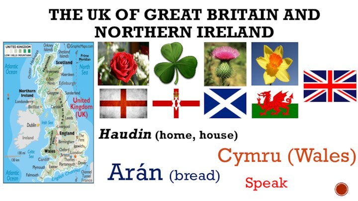 The uk of GREAT BRITAIN AND NORTHERN IRELANDHaudin (home, house)SpeakArán (bread)Cymru (Wales)