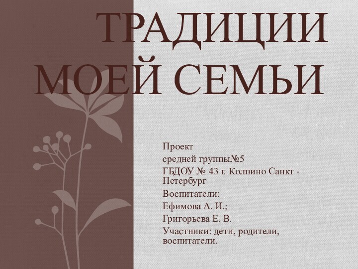 Проект средней группы№5ГБДОУ № 43 г. Колпино Санкт - ПетербургВоспитатели:Ефимова А. И.;