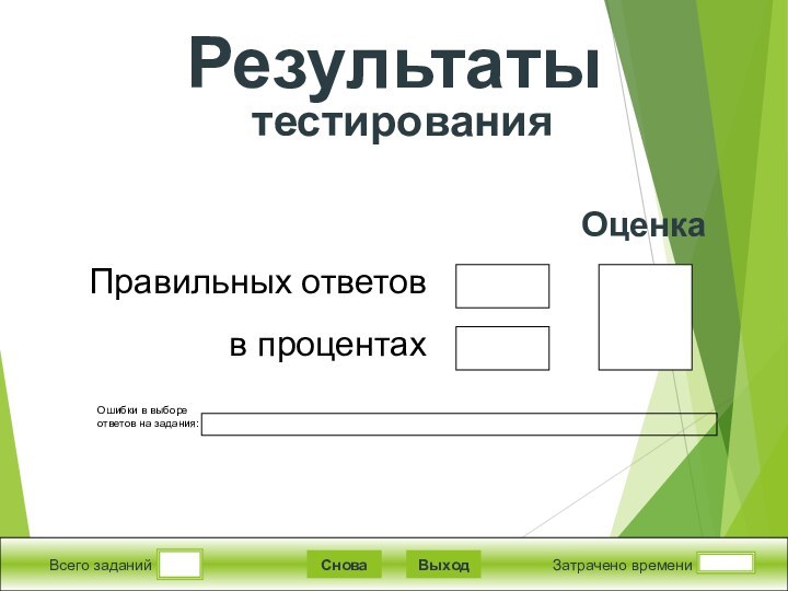 Ошибки в выборе ответов на задания:Всего заданийЗатрачено времениСноваВыходПравильных ответовв процентахОценкаРезультаты  тестирования