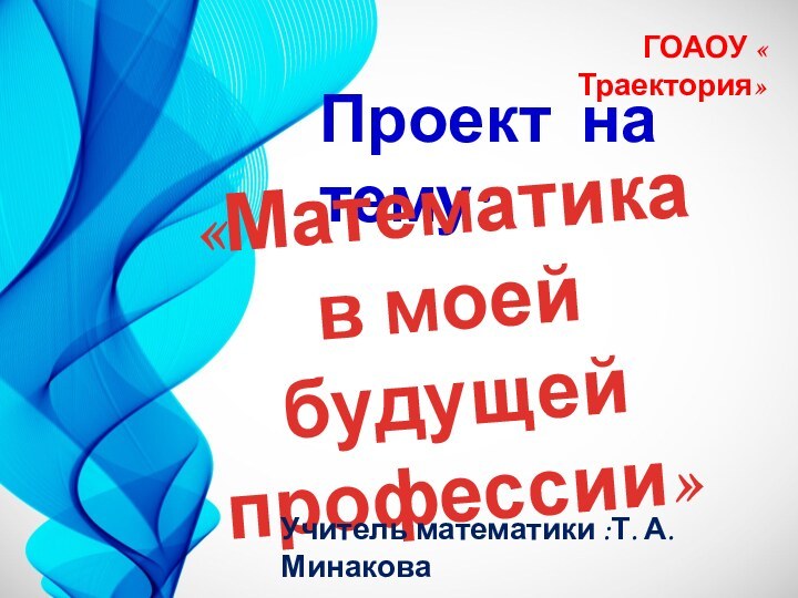 Проект на тему:«Математика в моей будущей профессии»ГОАОУ « Траектория»Учитель математики :Т. А. Минакова