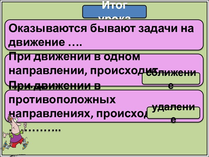 Итог урокаОказываются бывают задачи на движение ….При движении в одном направлении, происходит