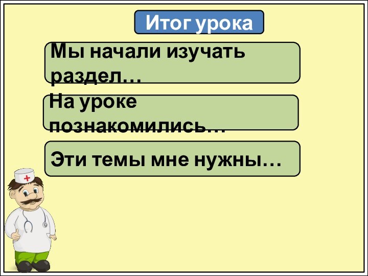 Итог урокаМы начали изучать раздел…На уроке познакомились…Эти темы мне нужны…