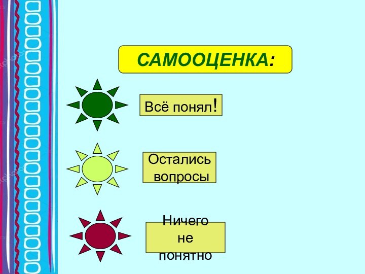 САМООЦЕНКА:Всё понял!Остались вопросыНичего не понятно