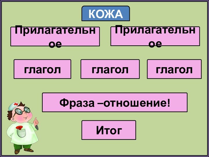 КОЖАПрилагательноеглаголглаголглаголФраза –отношение!ИтогПрилагательное