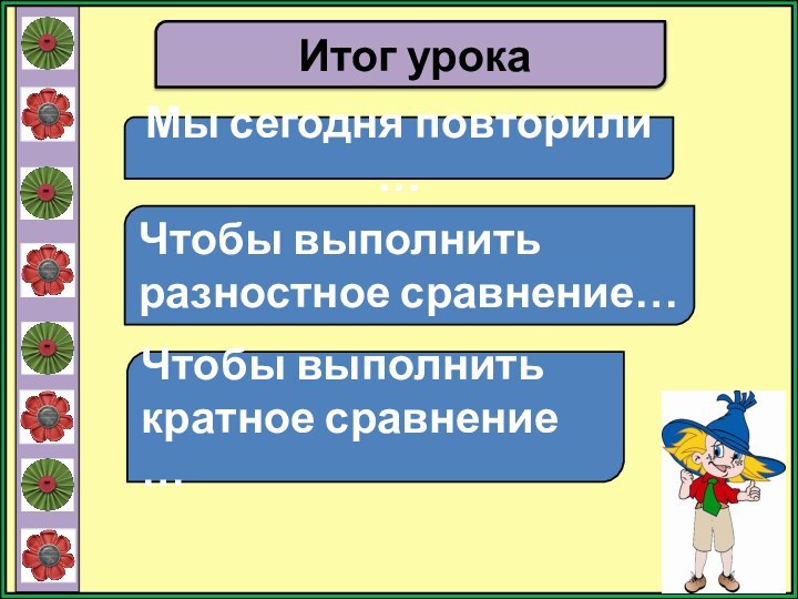 Итог урокаМы сегодня повторили …Чтобы выполнить кратное сравнение …Чтобы выполнить разностное сравнение…