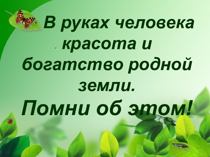 -.   В руках человека красота и богатство родной земли.  Помни об этом!