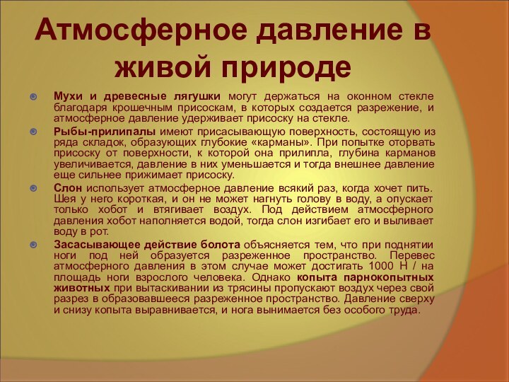 Атмосферное давление в живой природе Мухи и древесные лягушки могут держаться на