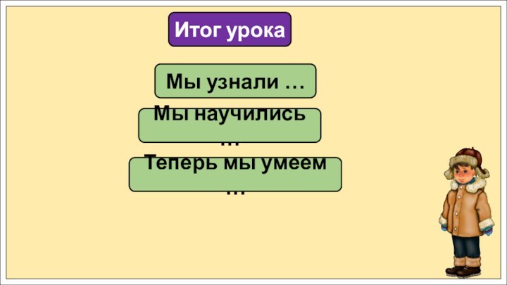 Итог урокаМы узнали …Мы научились …Теперь мы умеем …