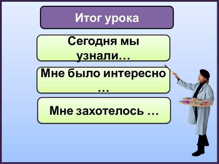 Итог урокаСегодня мы узнали…Мне было интересно …Мне захотелось …