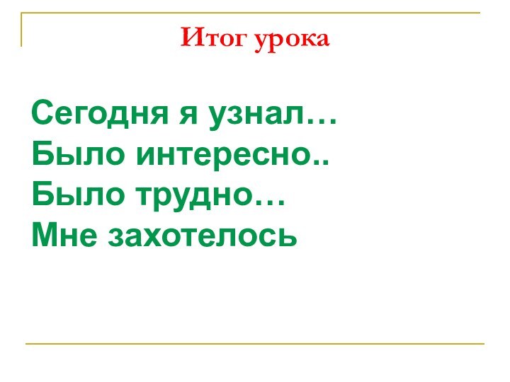 Итог урокаСегодня я узнал…Было интересно..Было трудно… Мне захотелось