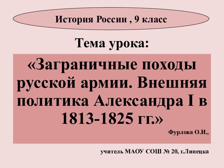 Тема урока:«Заграничные походы русской армии. Внешняя политика Александра I в 1813-1825 гг.»Фурлова