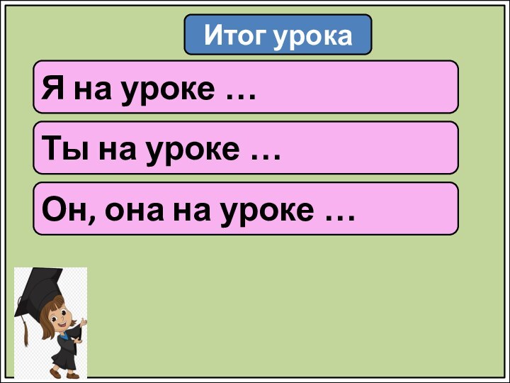 Итог урокаЯ на уроке …Ты на уроке …Он, она на уроке …