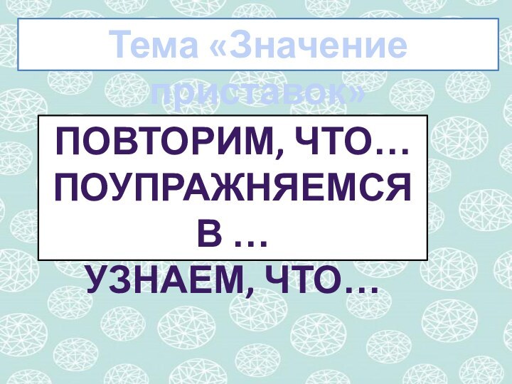 Тема «Значение приставок»Повторим, что…Поупражняемся в …Узнаем, что…