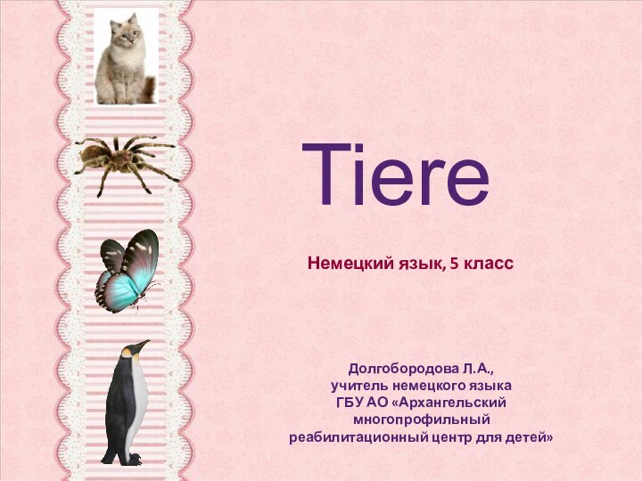 TiereНемецкий язык, 5 классДолгобородова Л.А.,учитель немецкого языкаГБУ АО «Архангельский многопрофильный реабилитационный центр для детей»