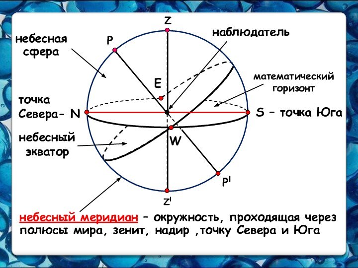 ZlZнебесная сферанаблюдательматематический горизонтS – точка Югаточка Севера- N РРlнебесный экваторЕWнебесный меридиан –