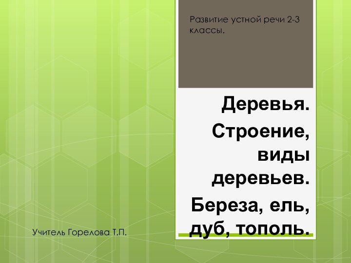 Деревья. Строение, виды деревьев.Береза, ель, дуб, тополь.Учитель Горелова Т.П.Развитие устной речи 2-3 классы.