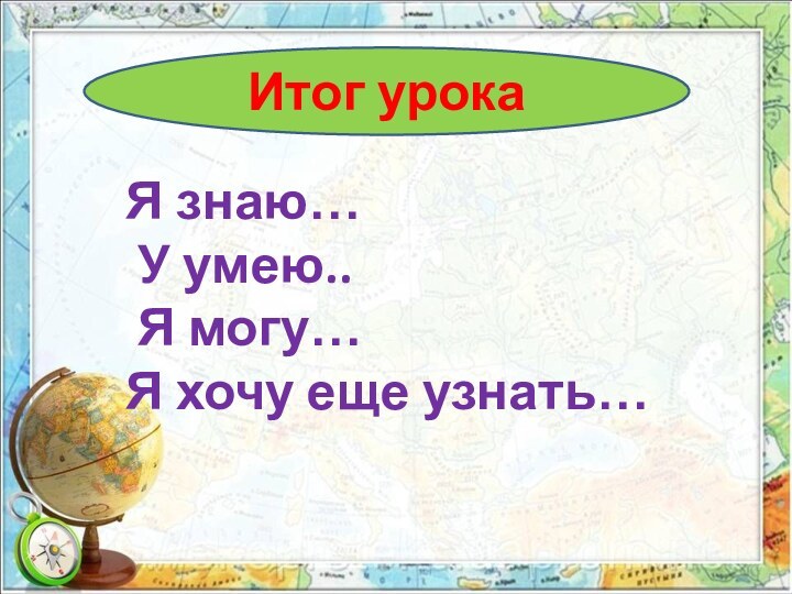 Итог урокаЯ знаю… У умею.. Я могу…Я хочу еще узнать…