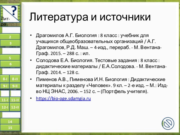 Литература и источникиДрагомилов А.Г. Биология : 8 класс : учебник для учащихся