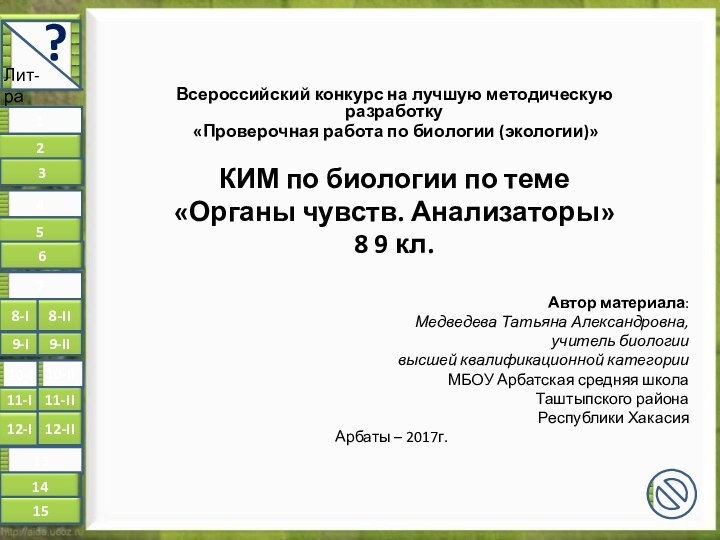 12345678-I9-I11-I10-I12-I131415Всероссийский конкурс на лучшую методическую разработку «Проверочная работа по биологии (экологии)»КИМ по