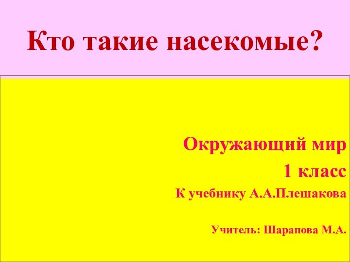 Кто такие насекомые?Окружающий мир 1 классК учебнику А.А.ПлешаковаУчитель: Шарапова М.А.