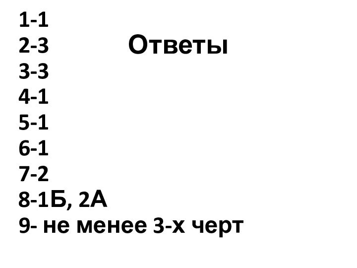 1-1 2-3 3-3 4-1 5-1 6-1 7-2 8-1Б, 2А 9- не менее 3-х чертОтветы