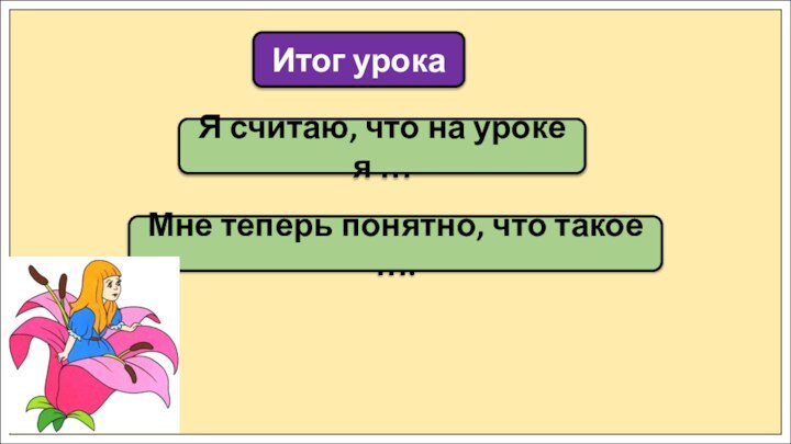 Я считаю, что на уроке я …Итог урокаМне теперь понятно, что такое ….