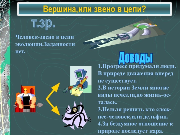 Вершина,или звено в цепи?т.зр.Доводы1.Прогресс придумали люди.В природе движения вперед не существует.2.В истории