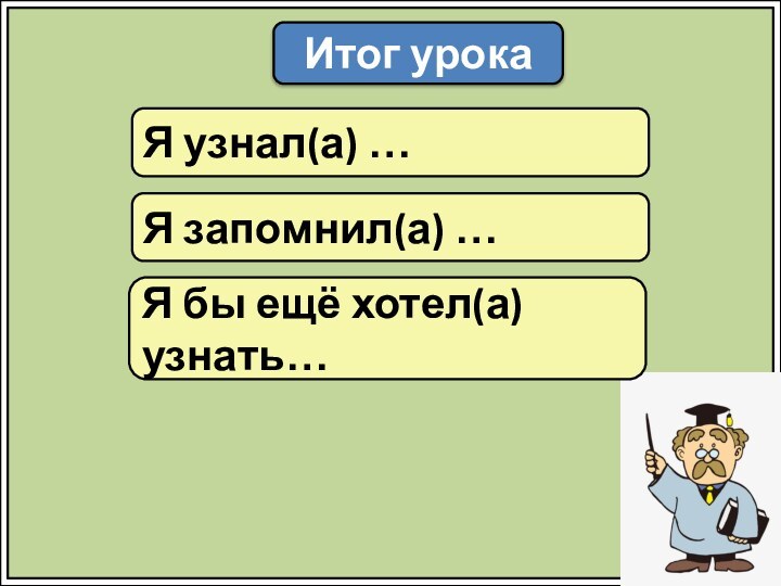 Итог урокаЯ узнал(а) …Я запомнил(а) …Я бы ещё хотел(а) узнать…