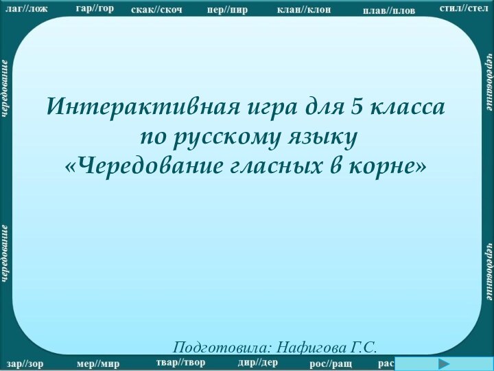 Интерактивная игра для 5 класса по русскому языку«Чередование гласных в корне»Подготовила: Нафигова Г.С.