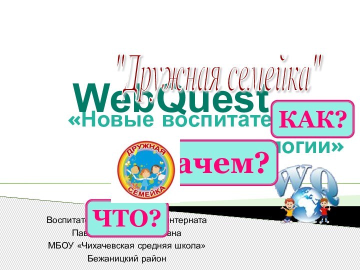 «Новые воспитательные технологии» Воспитатель пришкольного интернатаПавлова Фаина ИвановнаМБОУ «Чихачевская средняя школа»Бежаницкий районЧТО?зачем?КАК?WebQuest