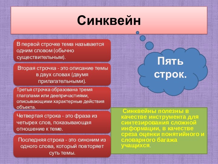 Синквейн   Синквейны полезны в качестве инструмента для синтезирования сложной информации,