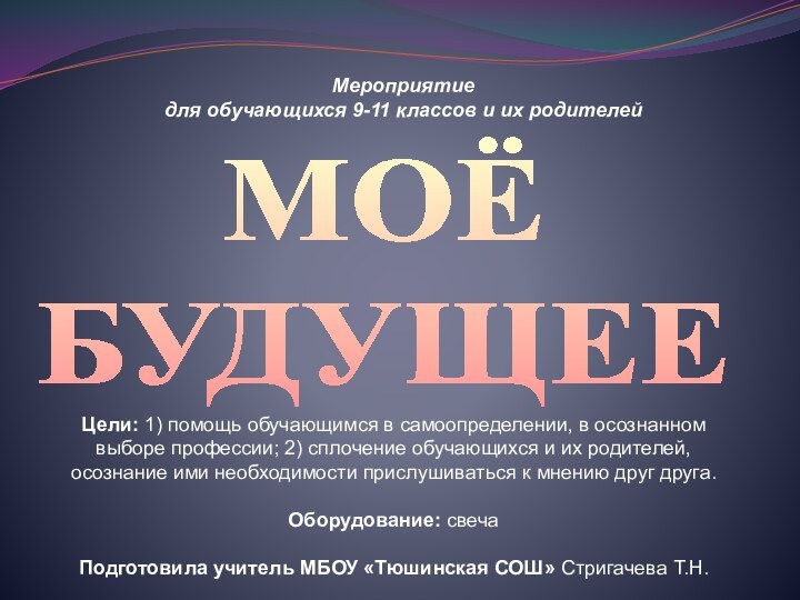 МОЁ БУДУЩЕЕМероприятиедля обучающихся 9-11 классов и их родителейЦели: 1) помощь обучающимся в