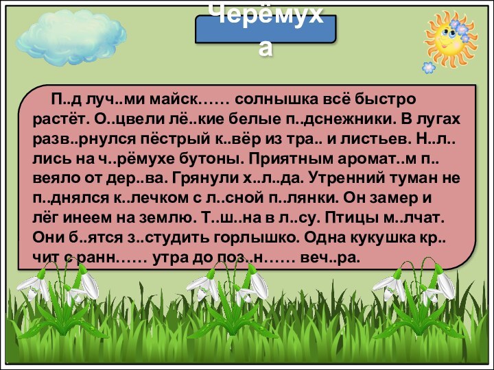 Черёмуха   П..д луч..ми майск…… солнышка всё быстро растёт. О..цвели лё..кие