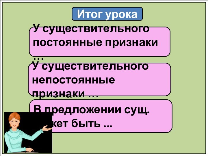 Итог урокаУ существительного постоянные признаки …У существительного непостоянные признаки …В предложении сущ. может быть ...