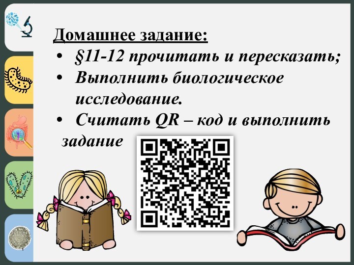 Домашнее задание:§11-12 прочитать и пересказать;Выполнить биологическое   исследование.Считать QR – код и выполнить  задание