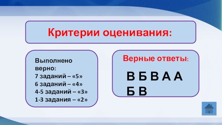 Выполнено верно:7 заданий – «5»6 заданий – «4»4-5 заданий – «3»1-3 задания