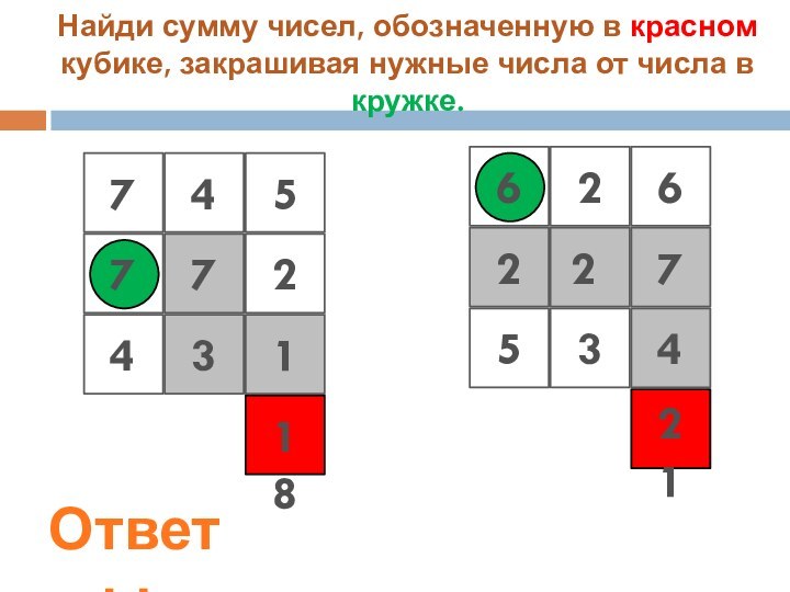 Найди сумму чисел, обозначенную в красном кубике, закрашивая нужные числа от числа в кружке.1871432774521435227626Ответы: