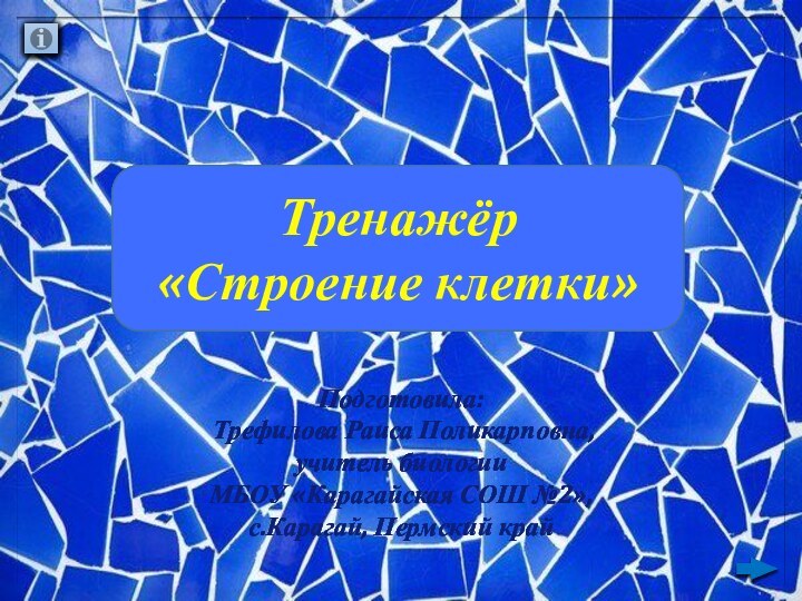 Тренажёр«Строение клетки»Подготовила: Трефилова Раиса Поликарповна, учитель биологииМБОУ «Карагайская СОШ №2»,с.Карагай, Пермский край