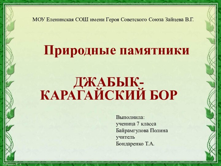 Природные памятникиДЖАБЫК-КАРАГАЙСКИЙ БОРВыполнила:ученица 7 классаБайрамгулова ПолинаучительБондаренко Т.А.МОУ Еленинская СОШ имени Героя Советского Союза Зайцева В.Г.