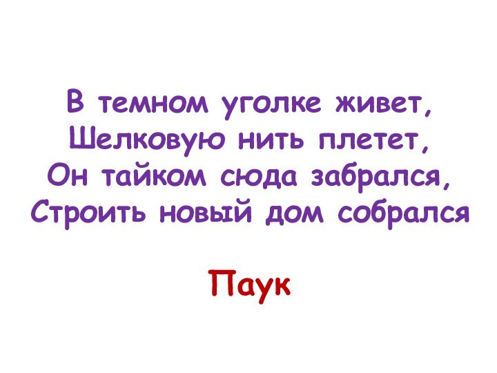 В темном уголке живет, Шелковую нить плетет, Он тайком сюда забрался, Строить новый дом собралсяПаук