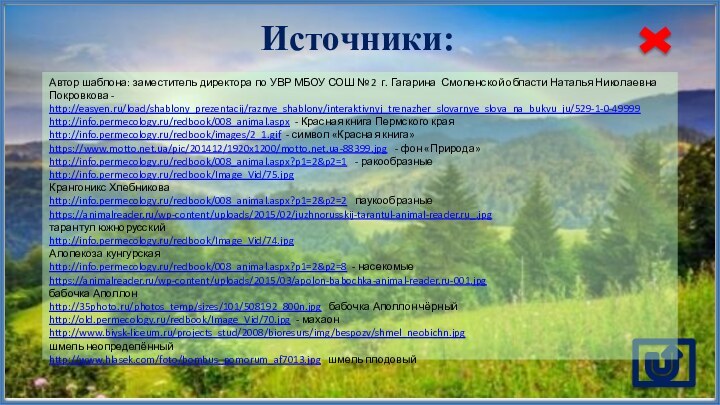 Источники:Автор шаблона: заместитель директора по УВР МБОУ СОШ № 2 г. Гагарина