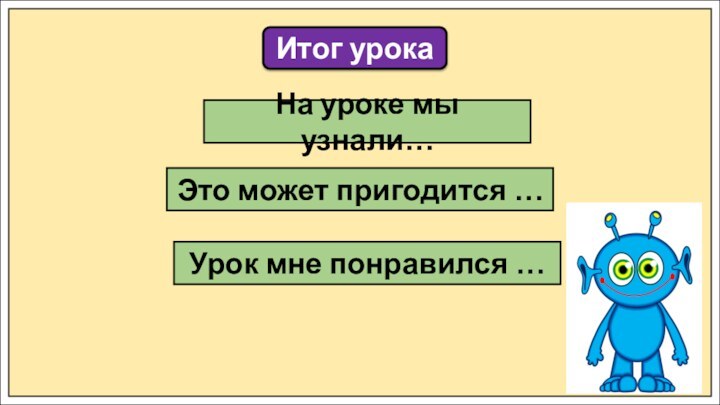 Итог урокаНа уроке мы узнали…Это может пригодится …Урок мне понравился …