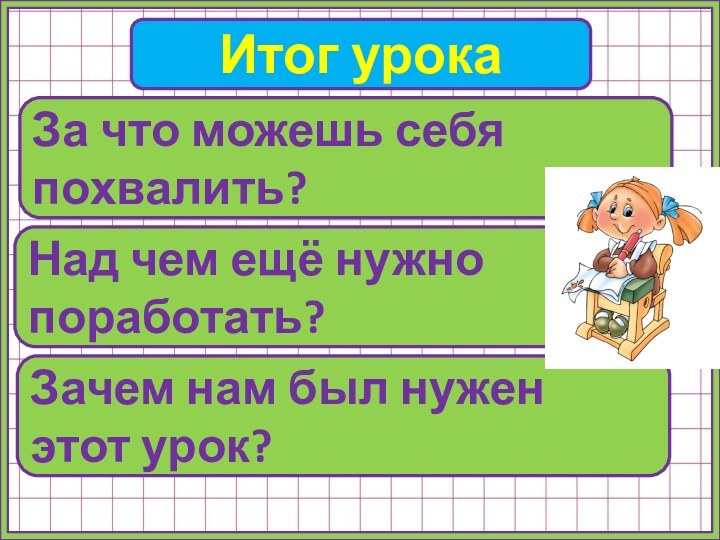 Итог урокаЗа что можешь себя похвалить?Над чем ещё нужно поработать?Зачем нам был нужен этот урок?