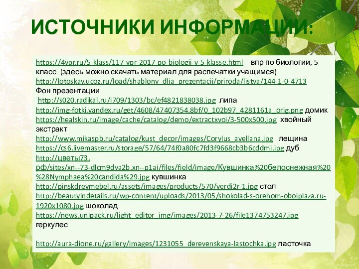 Источники информации:https://4vpr.ru/5-klass/117-vpr-2017-po-biologii-v-5-klasse.html  впр по биологии, 5 класс (здесь можно скачать материал