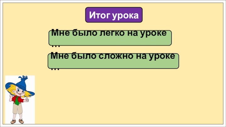 Итог урокаМне было легко на уроке …Мне было сложно на уроке …