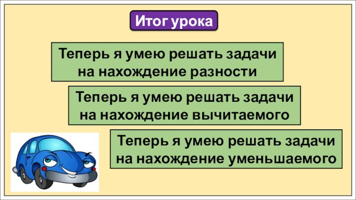 Итог урокаТеперь я умею решать задачи на нахождение разностиТеперь я умею решать