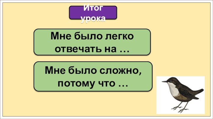 Мне было легко отвечать на …Итог урокаМне было сложно, потому что …